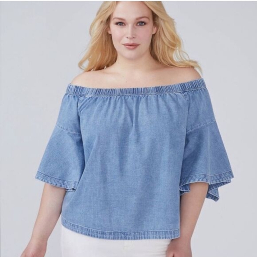 Lane Bryant Off-shoulder Blue Cotton Chambray Top Sz 18/20 NWT